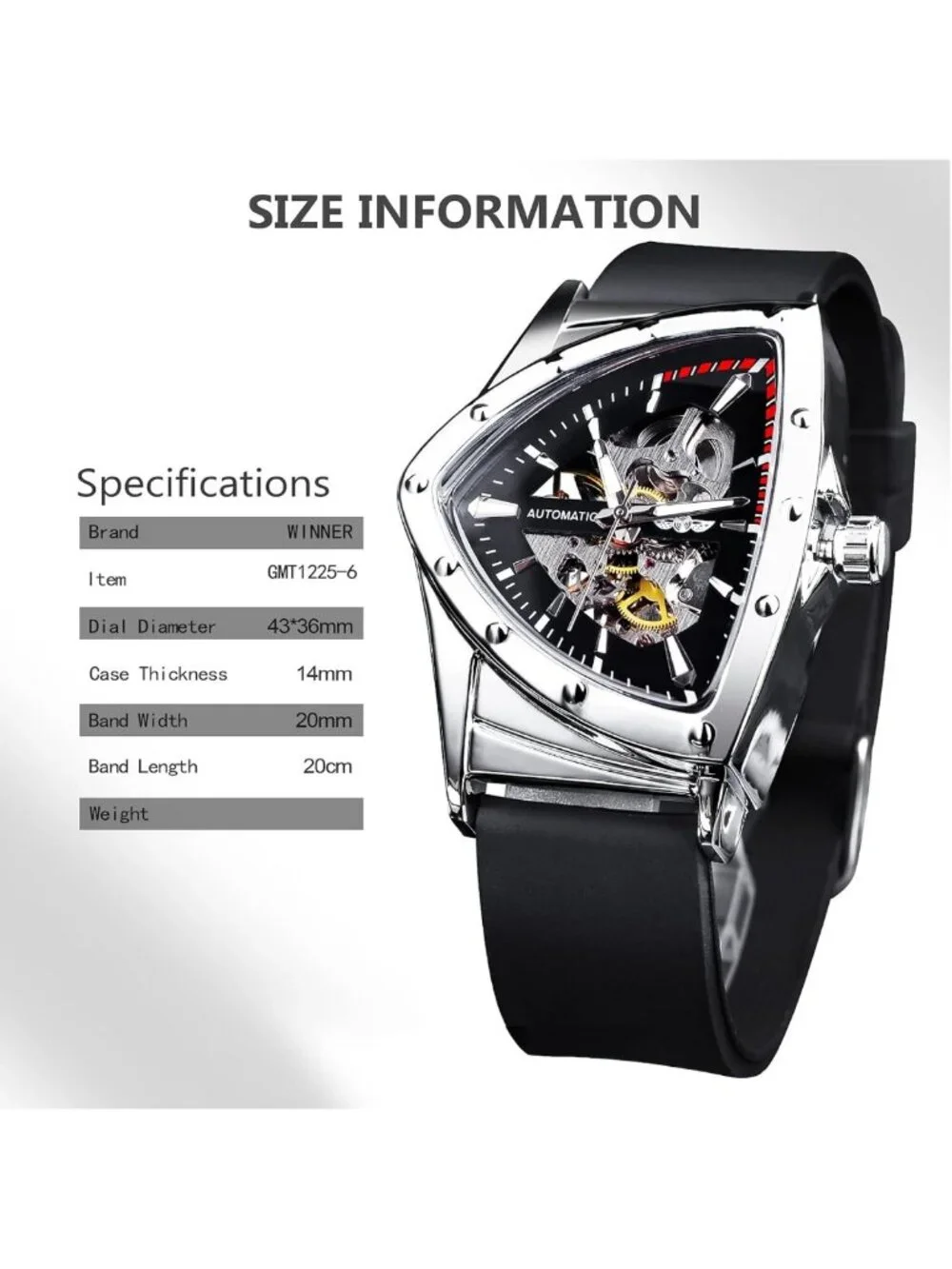 Men's Skeleton Automatic Watch, Luminous Triangle Dial, Stainless Steel or